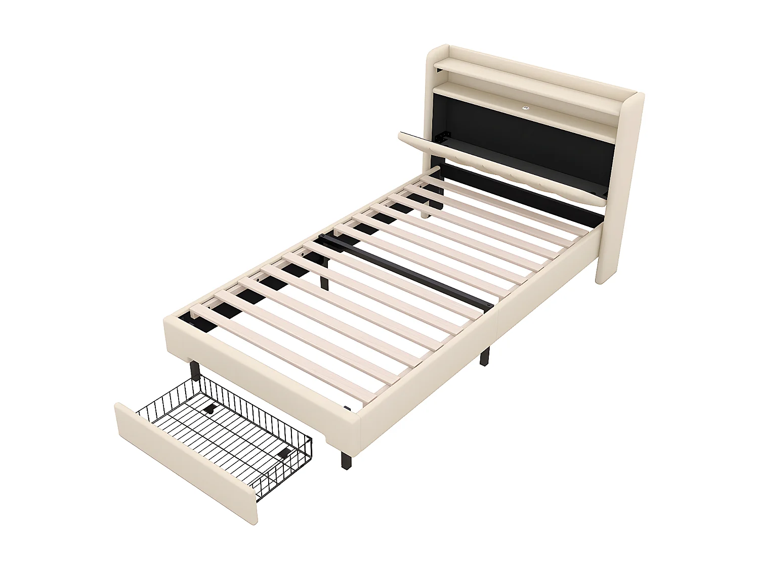 90 * 200cm lit plat, lit rembourré, lampe de chauffage LED, prise USB, tête de lit pliante, boîte de rangement intégrée, boîte de lit, beige