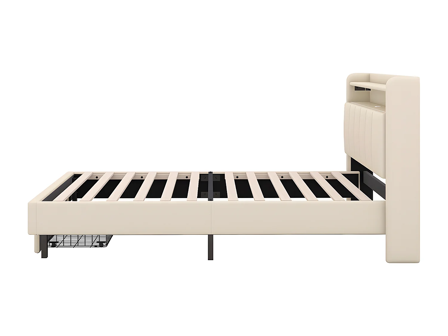 90 * 200cm lit plat, lit rembourré, lampe de chauffage LED, prise USB, tête de lit pliante, boîte de rangement intégrée, boîte de lit, beige