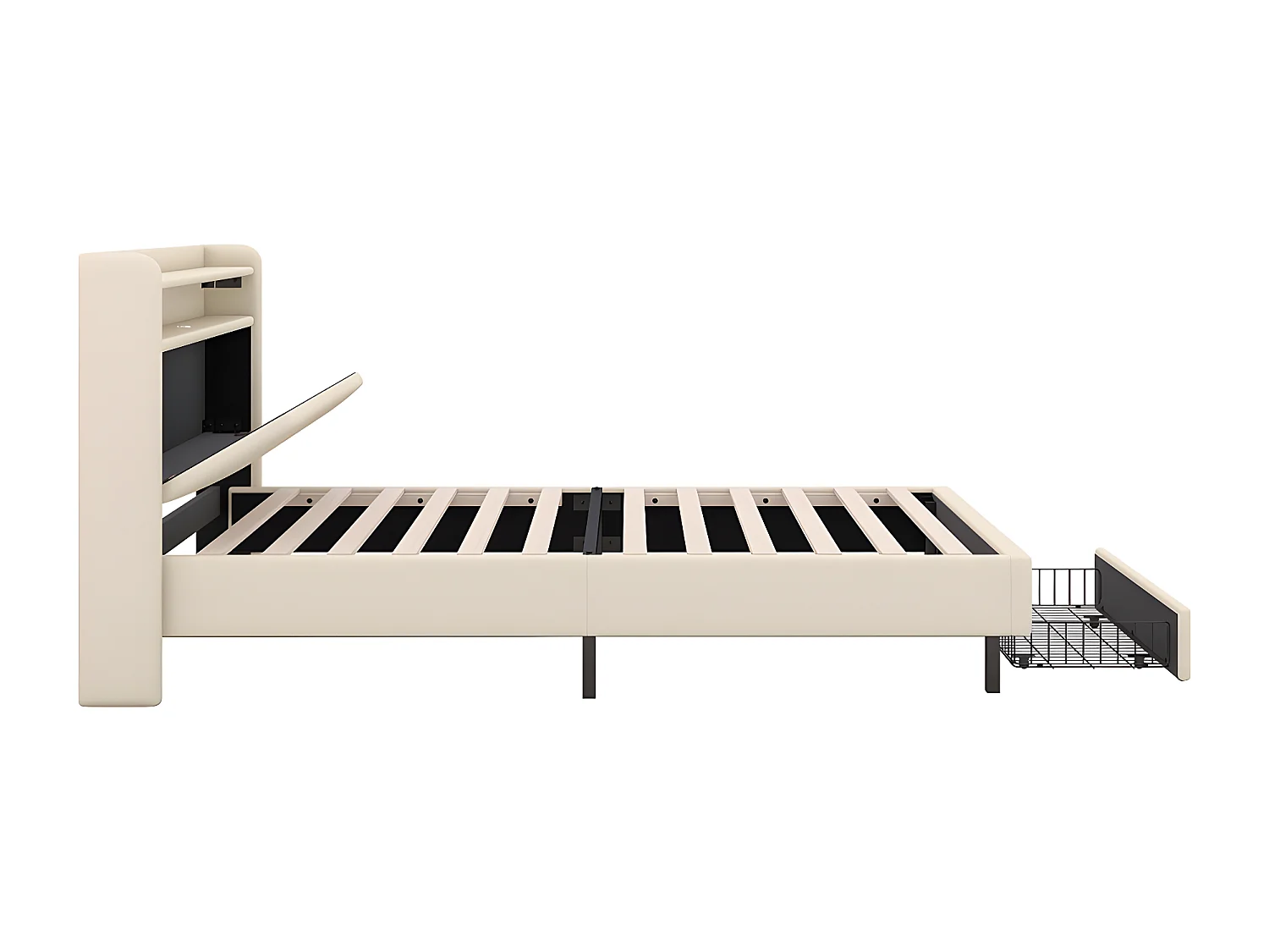 90 * 200cm lit plat, lit rembourré, lampe de chauffage LED, prise USB, tête de lit pliante, boîte de rangement intégrée, boîte de lit, beige