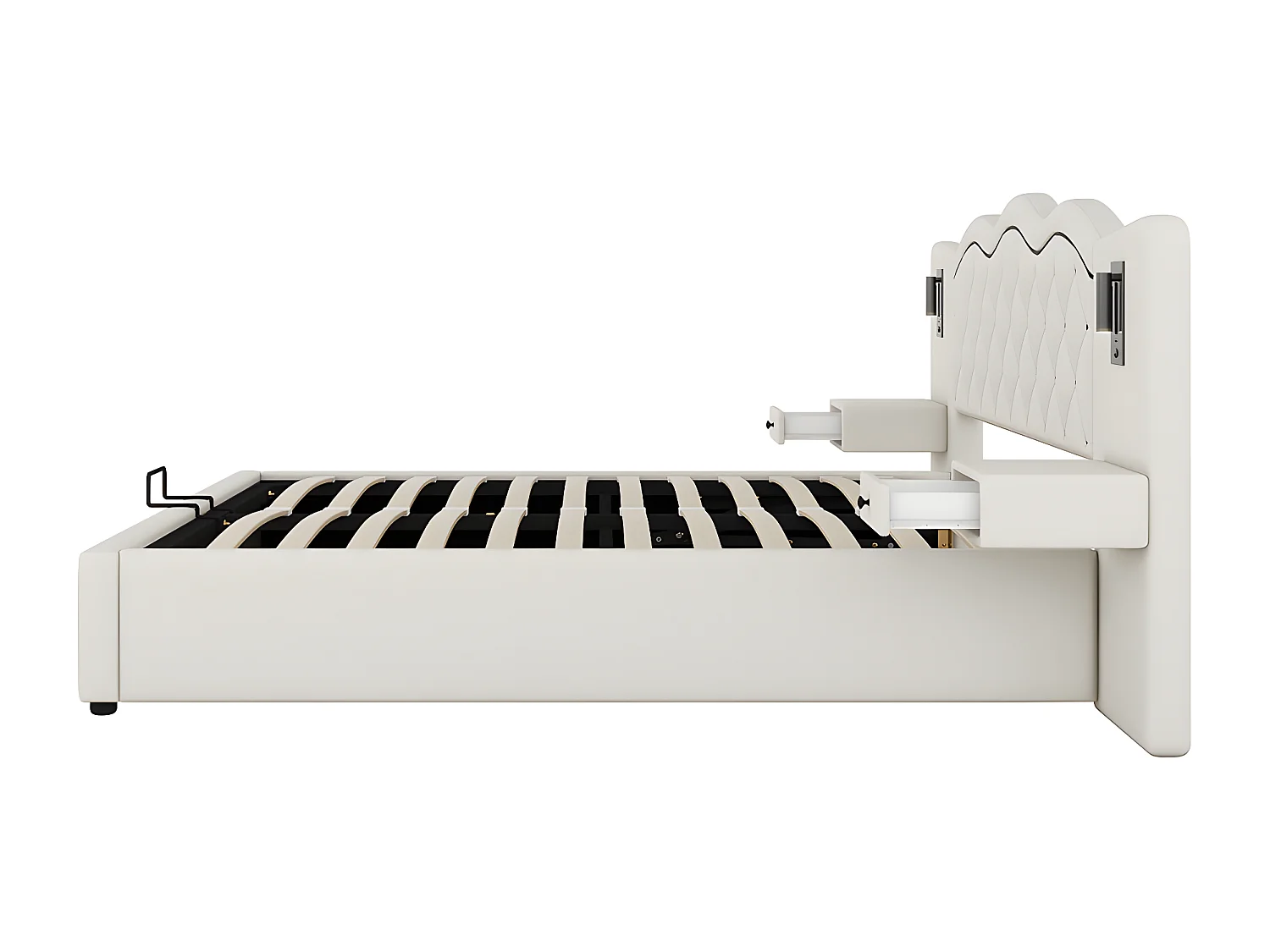 180 * 200cm lit matelassé plat, mécanisme de levage hydraulique, interface USB, deux lampes de chevet, beige