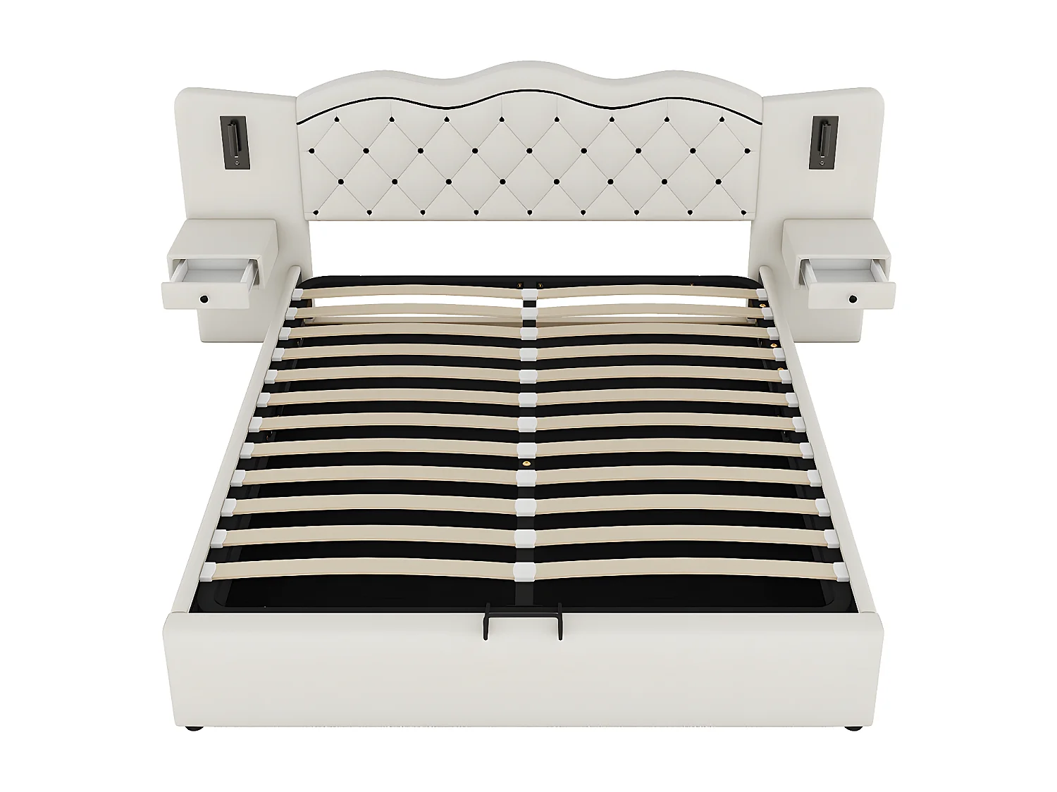 180 * 200cm lit matelassé plat, mécanisme de levage hydraulique, interface USB, deux lampes de chevet, beige