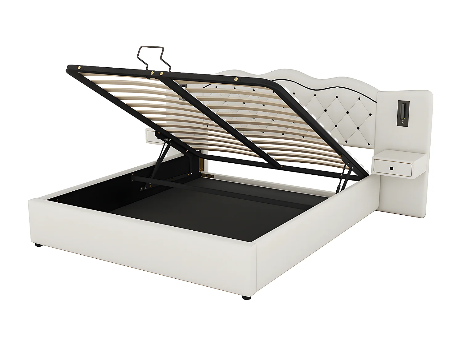 180 * 200cm lit matelassé plat, mécanisme de levage hydraulique, interface USB, deux lampes de chevet, beige