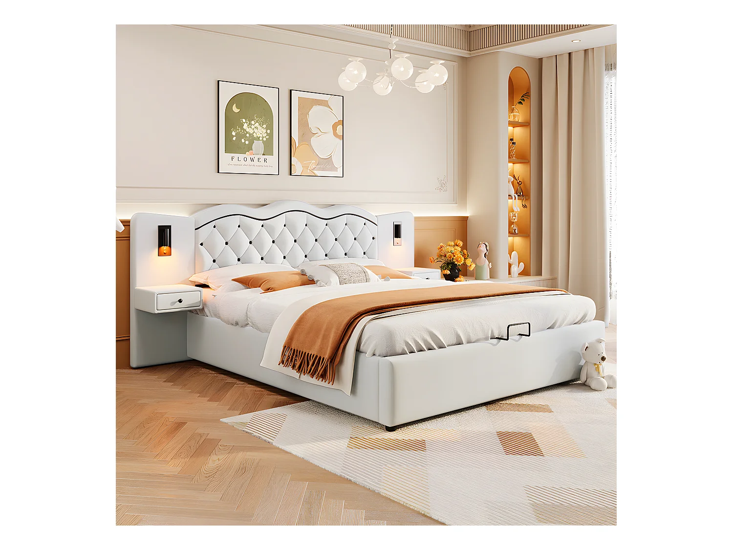 180 * 200cm lit matelassé plat, mécanisme de levage hydraulique, interface USB, deux lampes de chevet, beige