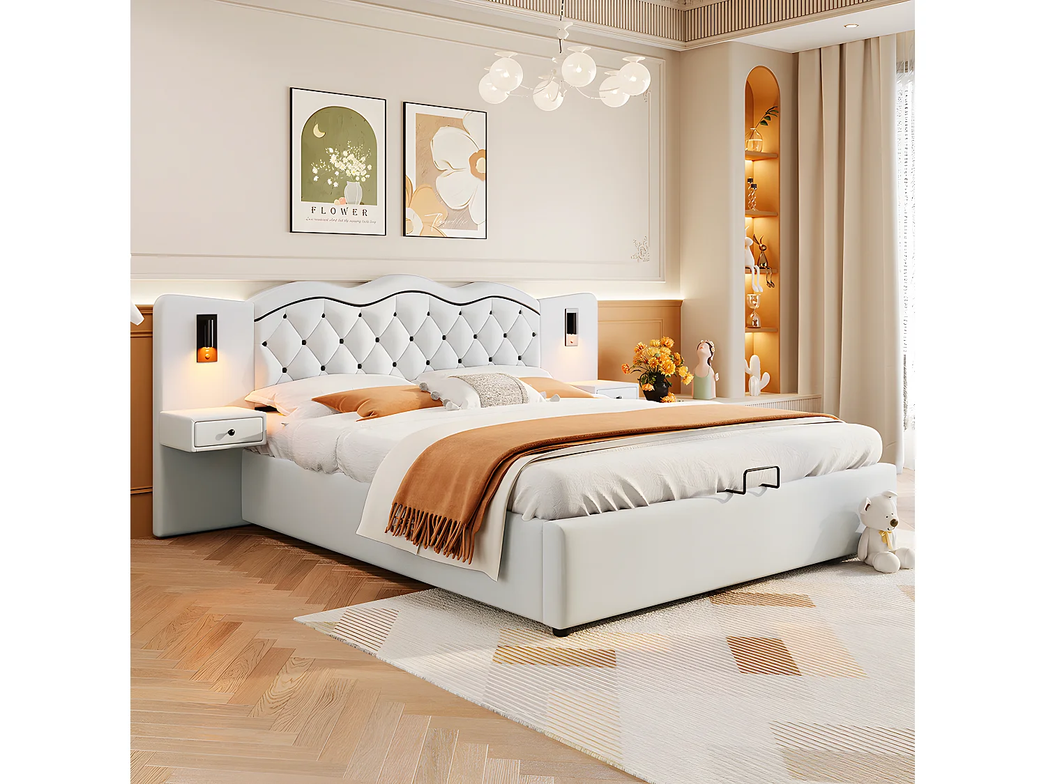 Cama plana acolchada de 180 * 200cm, mecanismo de elevación hidráulico, interfaz USB, dos lámparas de cabecera, beige