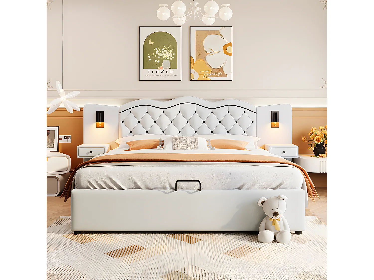 Cama plana acolchada de 180 * 200cm, mecanismo de elevación hidráulico, interfaz USB, dos lámparas de cabecera, beige