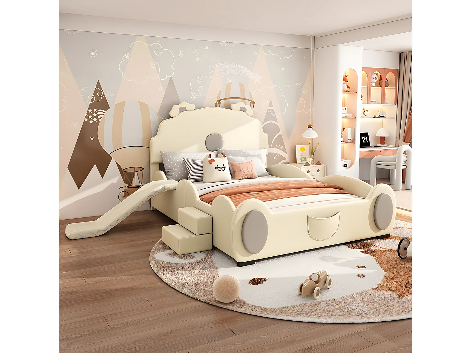140 * 200cm cama de dibujos animados, cama de bebé, cama de oso con tobogán y escalera, material pu, fácil de limpiar, bonita forma, beige