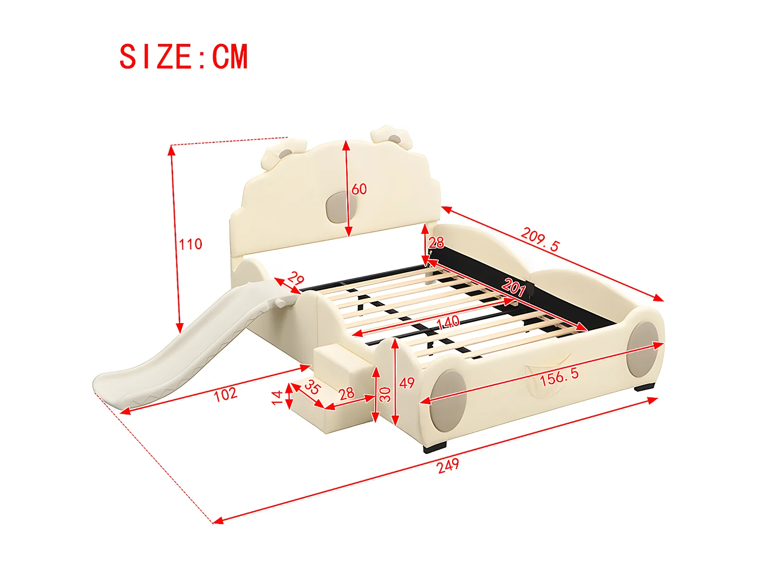 140 * 200cm cama de dibujos animados, cama de bebé, cama de oso con tobogán y escalera, material pu, fácil de limpiar, bonita forma, beige
