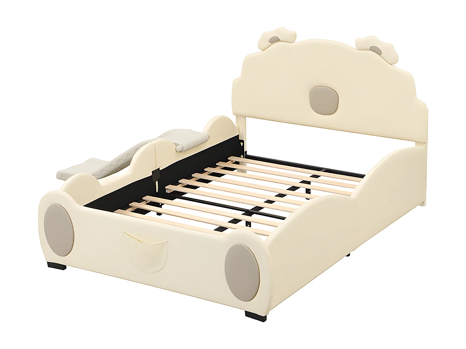 140 * 200cm cama de dibujos animados, cama de bebé, cama de oso con tobogán y escalera, material pu, fácil de limpiar, bonita forma, beige