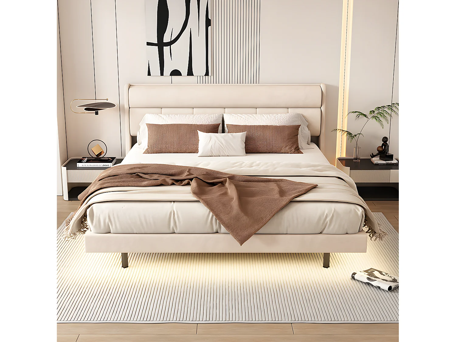 180 * 200cm, cama tapizada, cama plana, cama flotante, equipada con lámpara de inducción humana, cojín cálido, beige