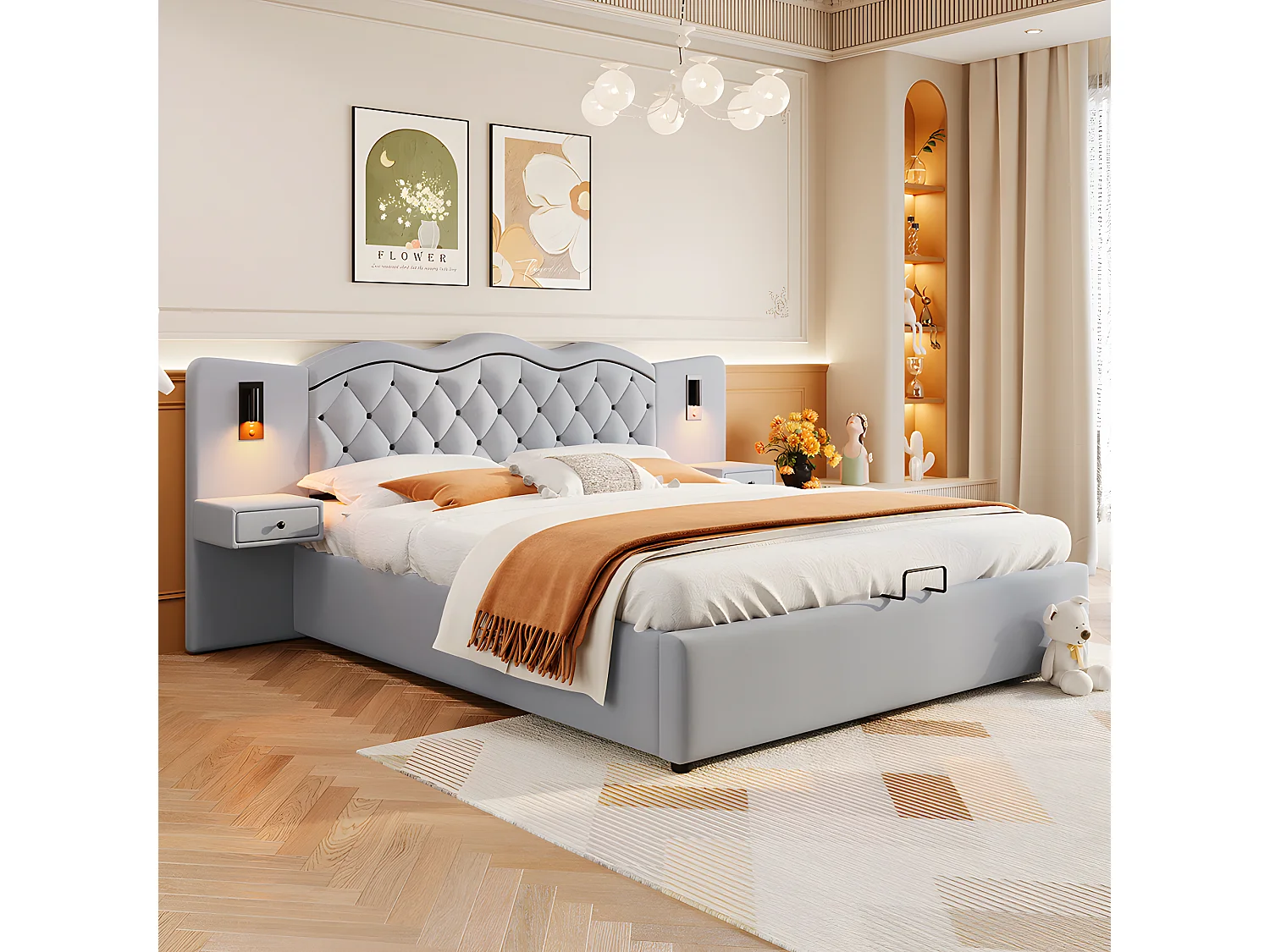 Cama plana acolchada de 180 * 200cm, elevación hidráulica, interfaz USB, dos lámparas de cabecera, gris