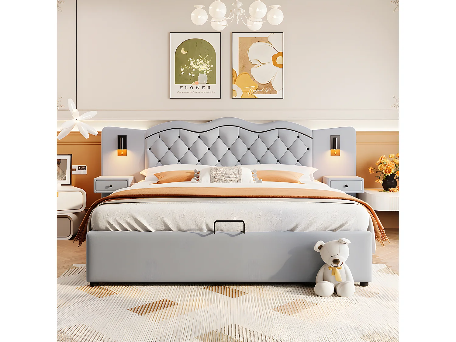 Cama plana acolchada de 180 * 200cm, elevación hidráulica, interfaz USB, dos lámparas de cabecera, gris