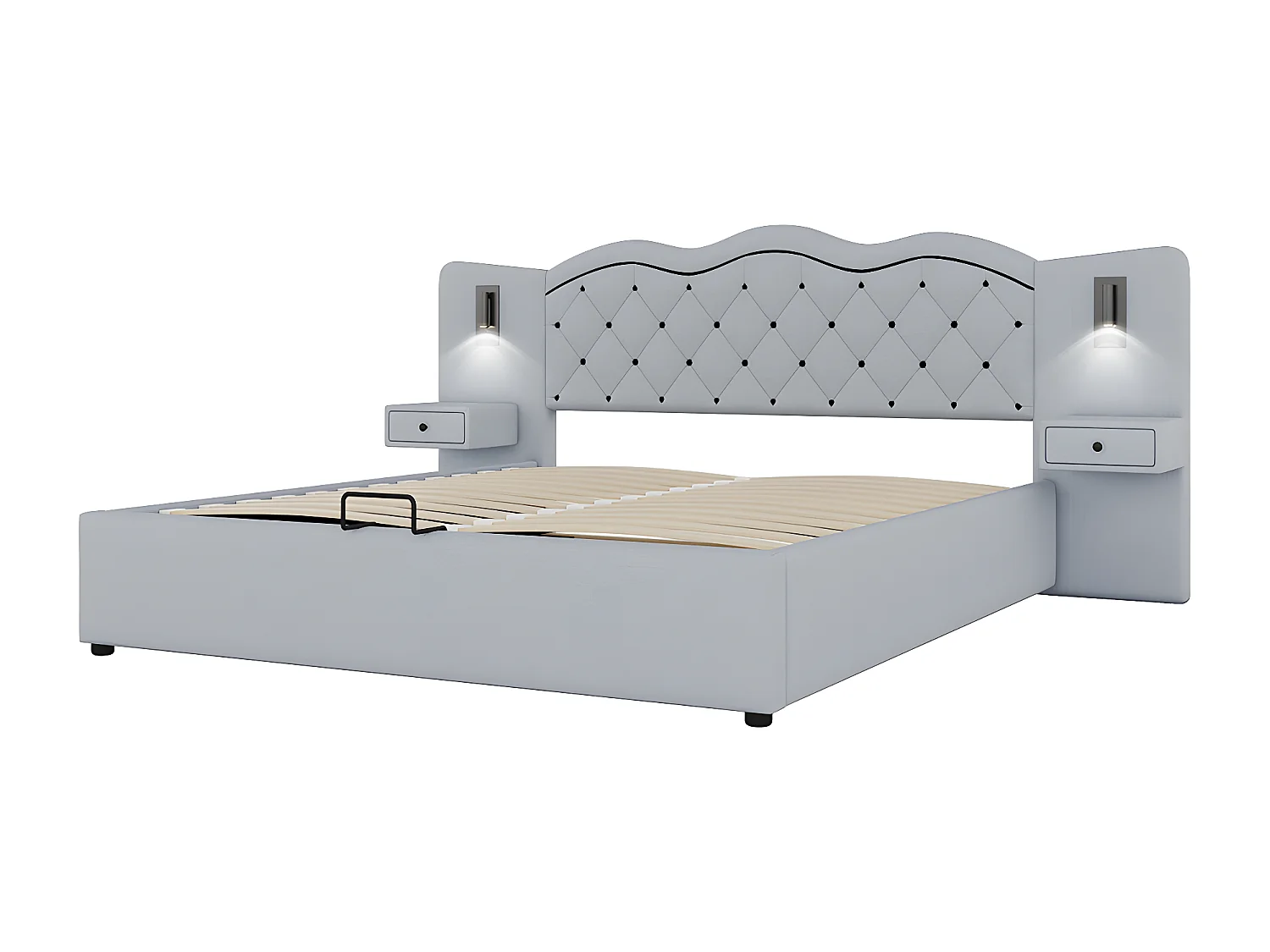 Cama plana acolchada de 180 * 200cm, elevación hidráulica, interfaz USB, dos lámparas de cabecera, gris