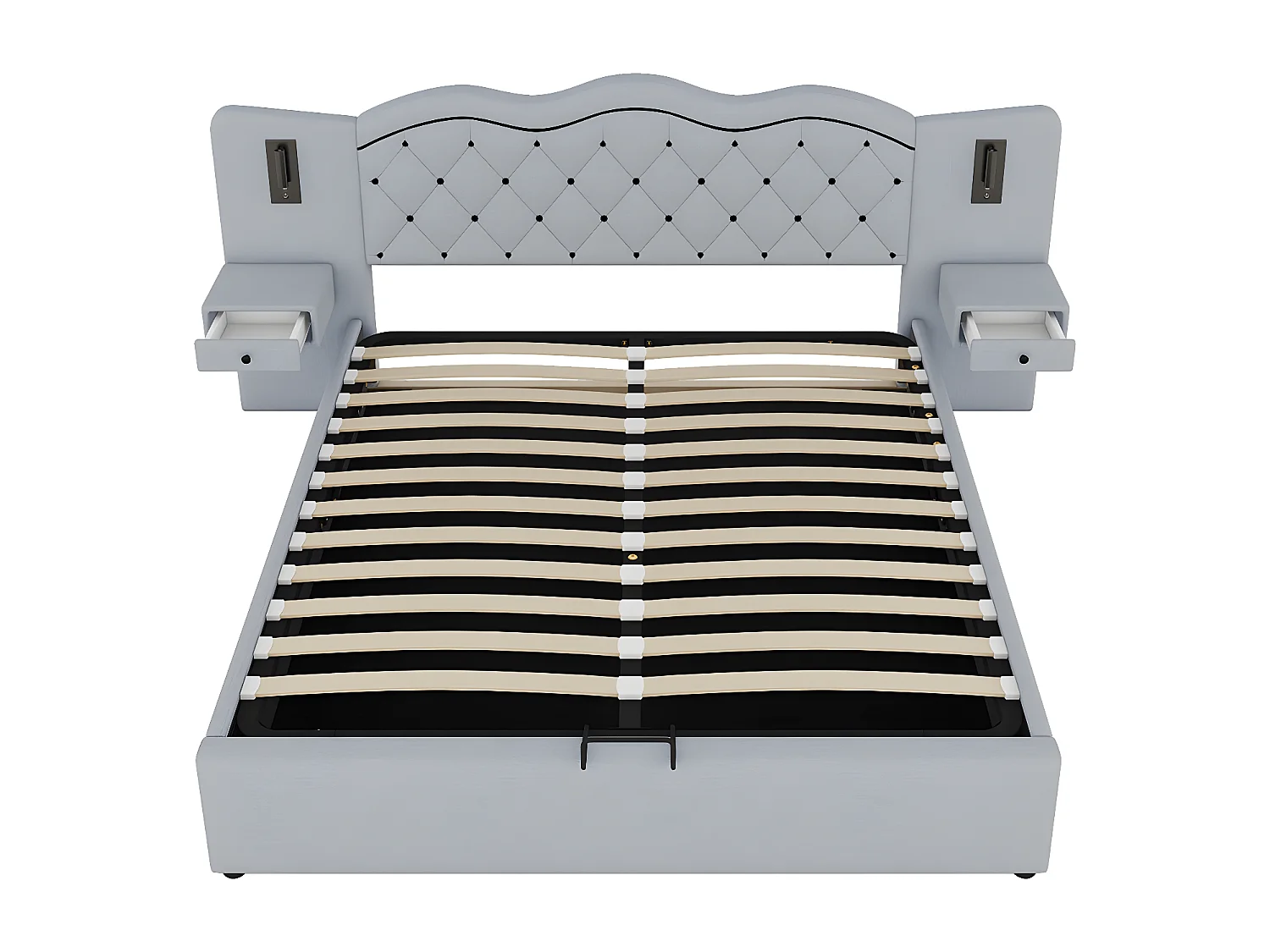 Cama plana acolchada de 180 * 200cm, elevación hidráulica, interfaz USB, dos lámparas de cabecera, gris