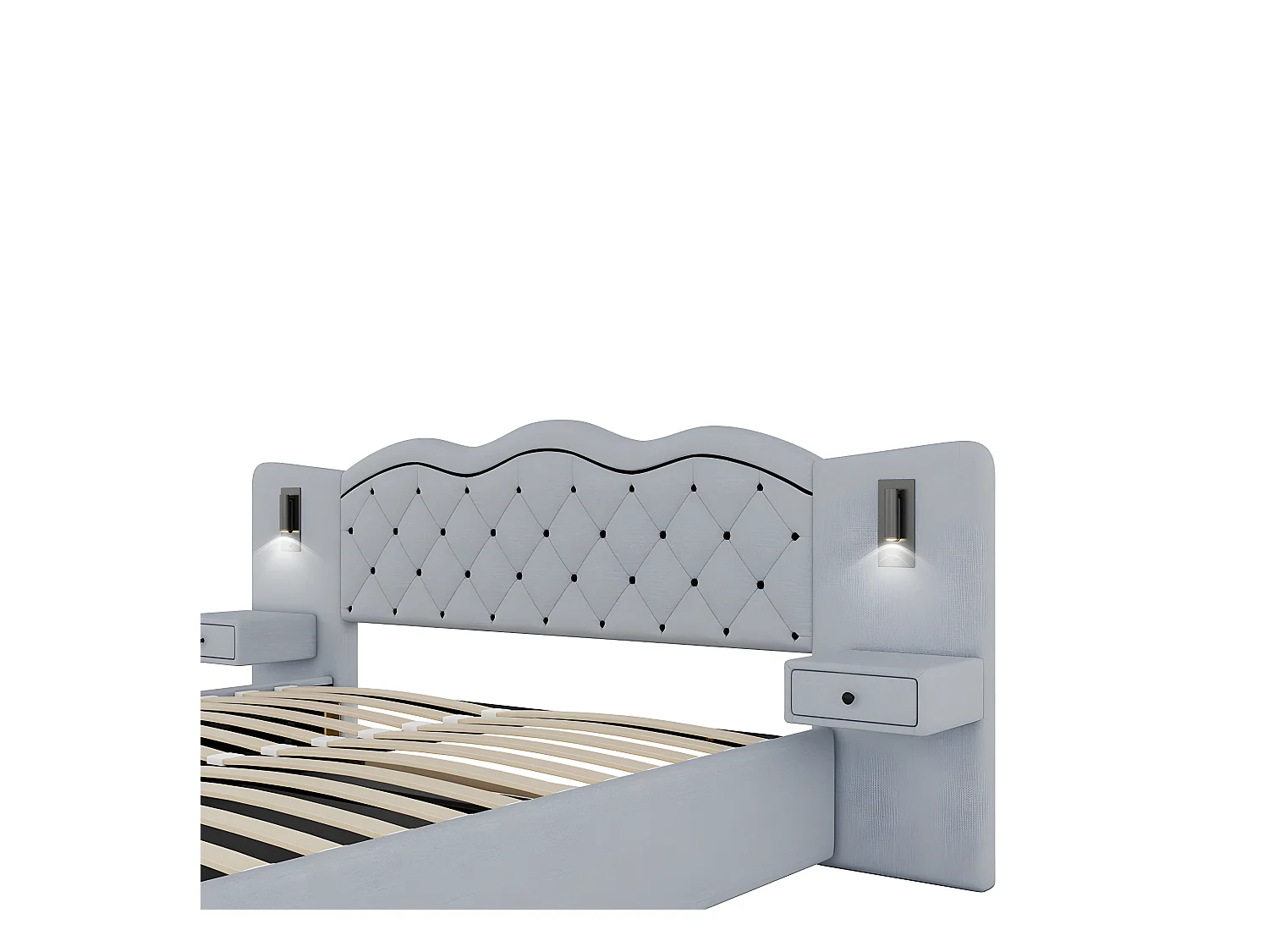 Cama plana acolchada de 180 * 200cm, elevación hidráulica, interfaz USB, dos lámparas de cabecera, gris