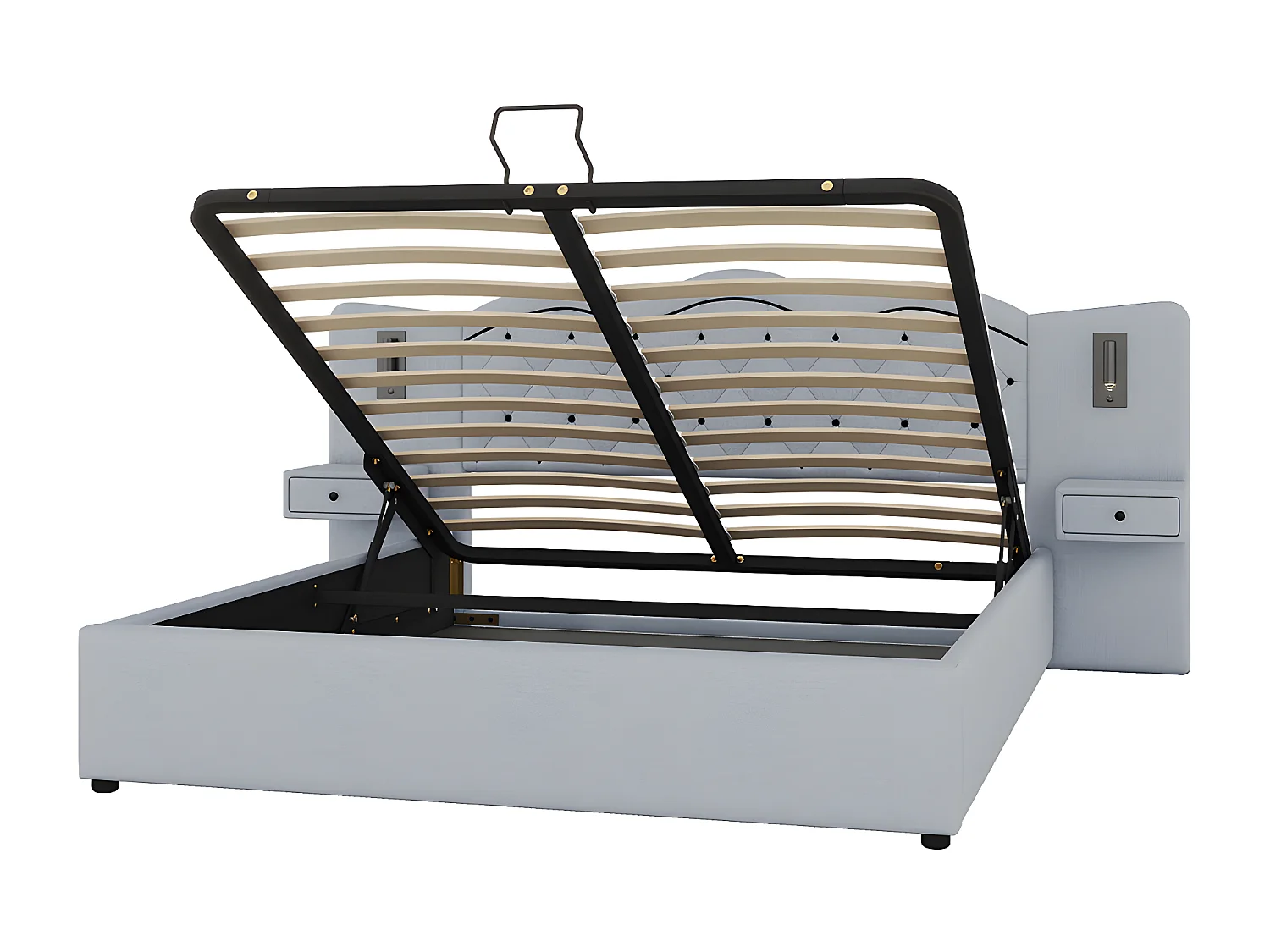 Cama plana acolchada de 180 * 200cm, elevación hidráulica, interfaz USB, dos lámparas de cabecera, gris