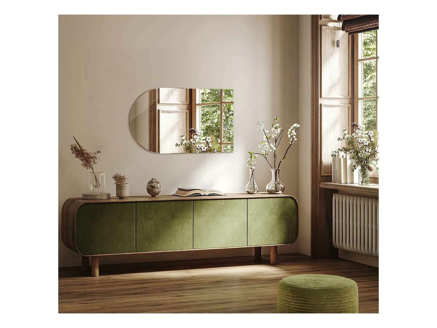 Grote wandspiegel met afgeschuinde zijkant, onregelmatige vorm, premium snit voor woonkamer, hal, 90 cm