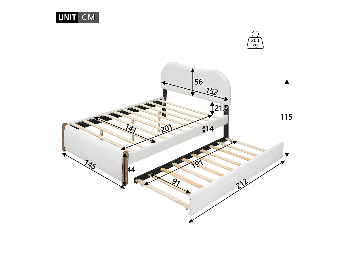 140 * 200cm lit plat, rembourré, avec un lit pliant pratique, Design minimaliste, blanc