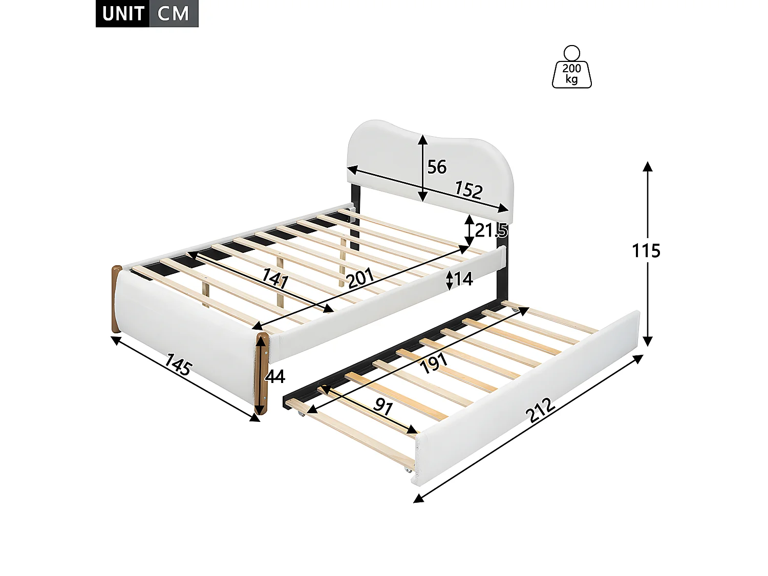 140 * 200cm lit plat, rembourré, avec un lit pliant pratique, Design minimaliste, blanc