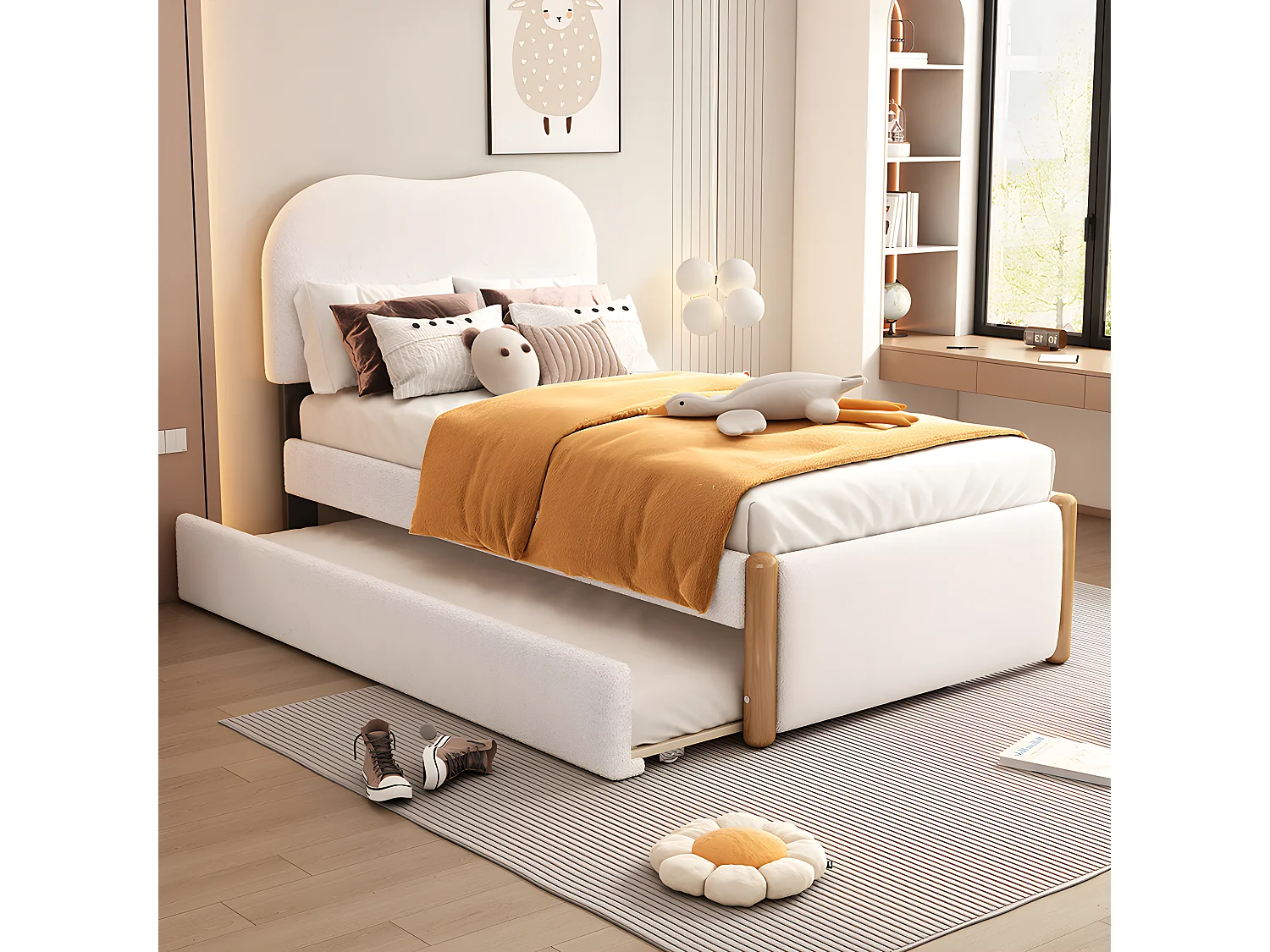 90*200cm Flachbett, gepolstert, mit praktischem ausziehbares Rollbett, minimalistische Formgebung, weiß