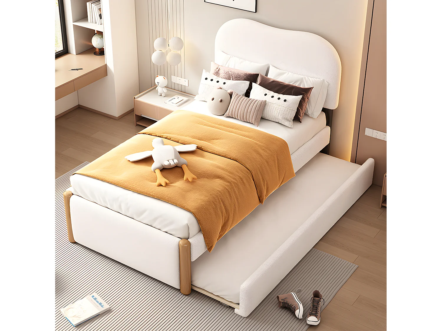 Cama plana de 90 * 200cm, tapizada, con práctica cama abatible, diseño minimalista, blanco