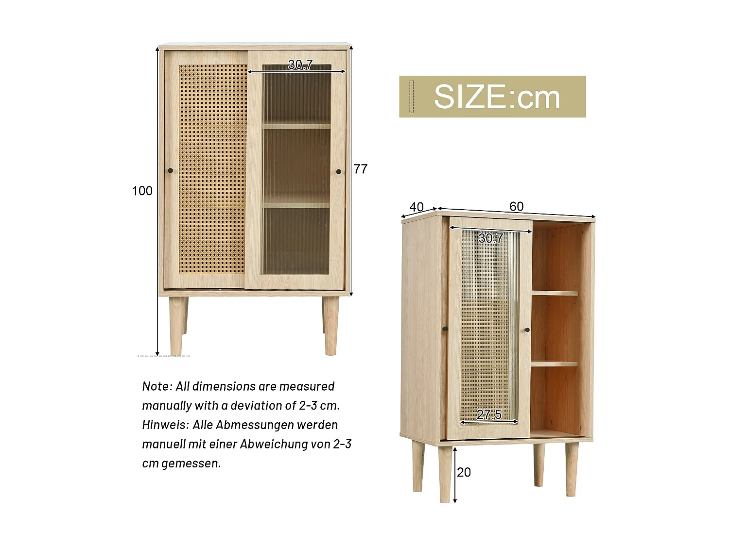 100 cm hohes Sideboard aus Holz mit Kunststoffrattan und Glasschiebetüren