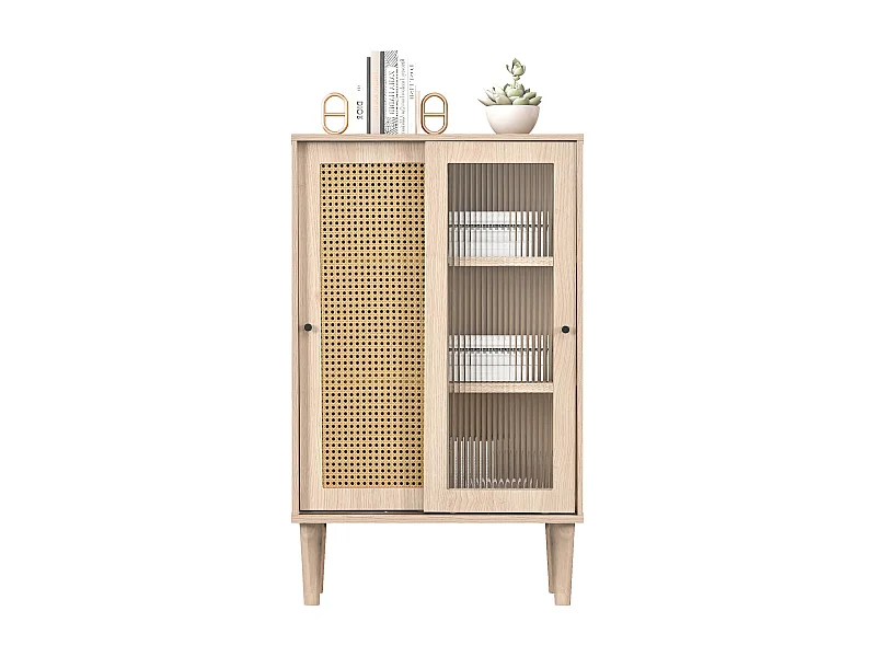 Credenza alta 100 cm in legno con rattan plastico e ante scorrevoli in vetro
