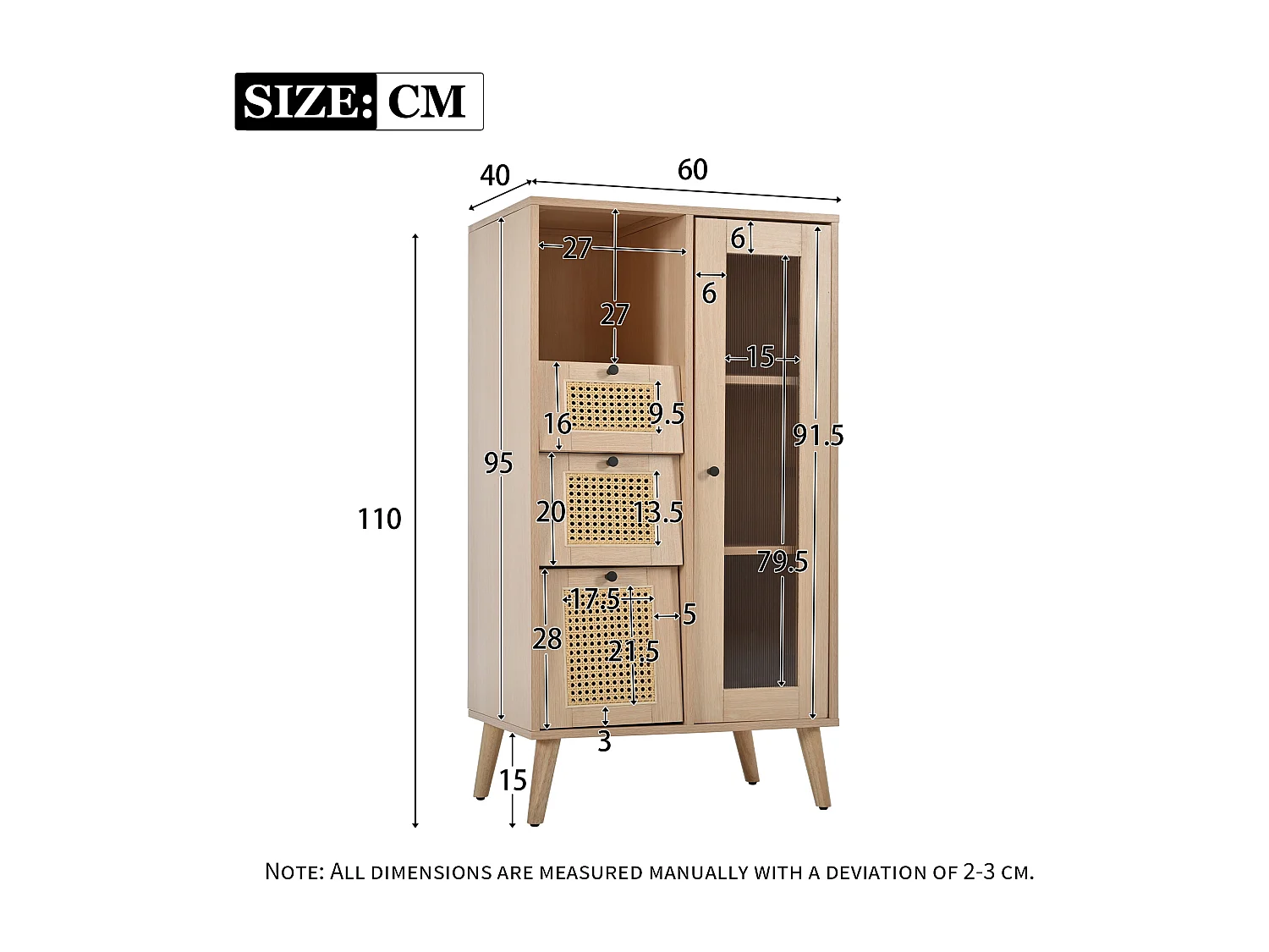 Vitrine multifonctionnelle, 110 cm de haut, 1 porte avec 3 tiroirs, commode, meuble de rangement