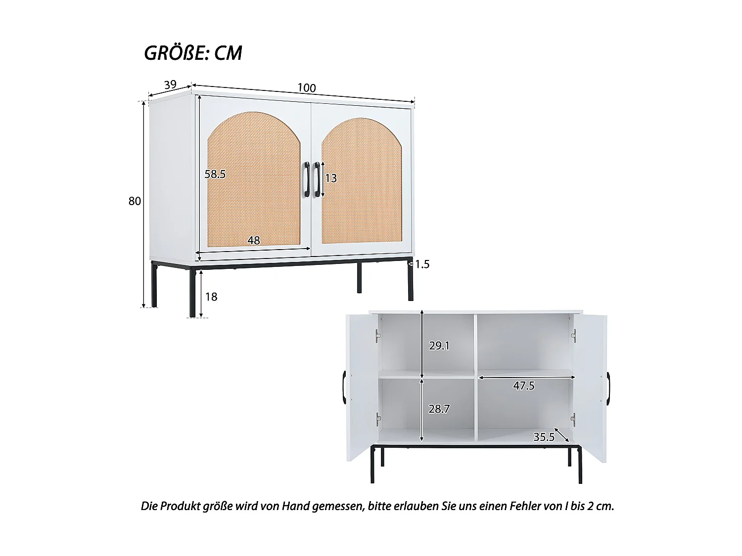 Armoire de rangement en rotin, armoire à deux portes, dimensions : L100/H80/D39 cm
