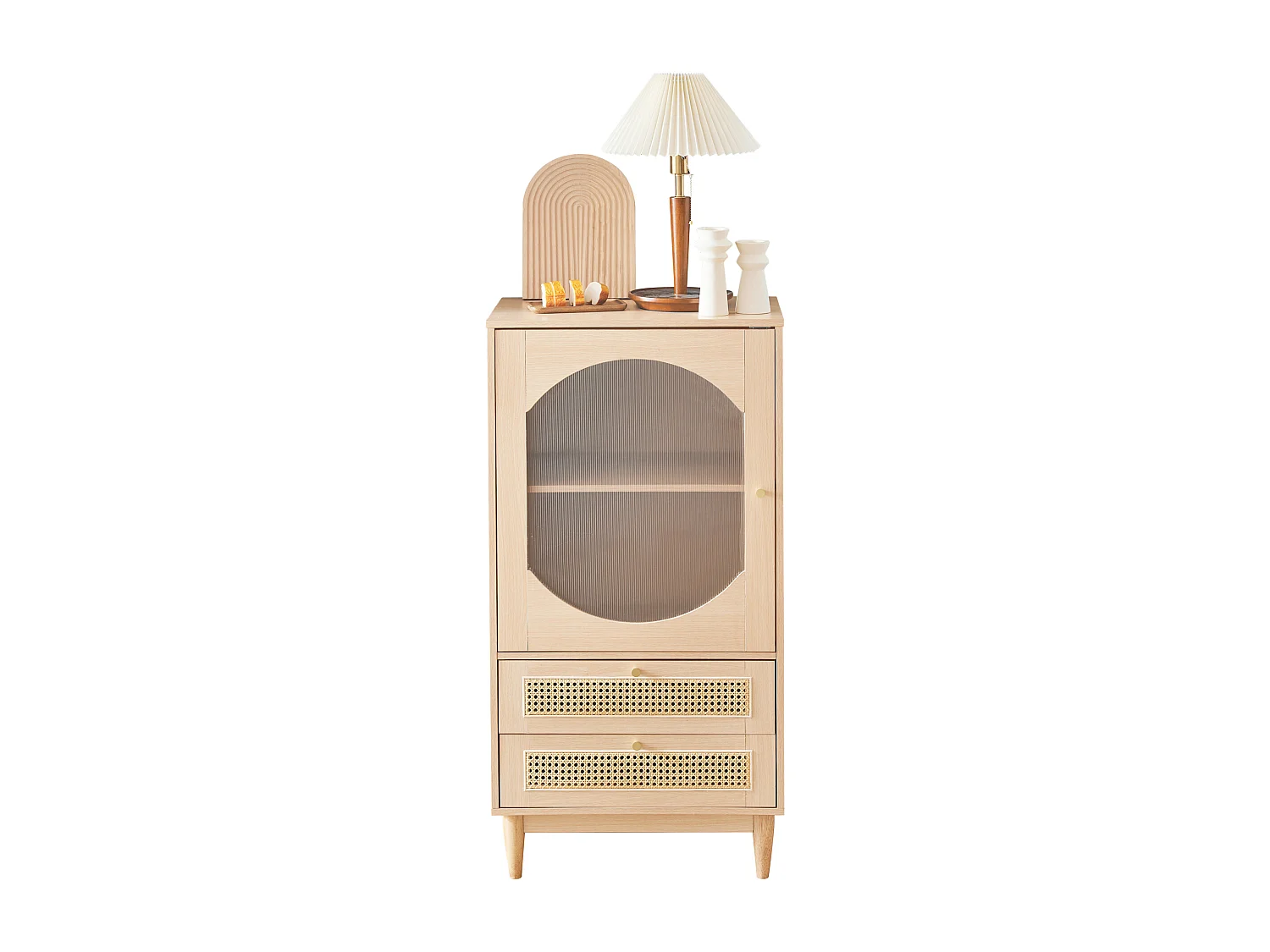 1 porte en acrylique transparent, 2 tiroirs, couleur faux chêne, meuble de rangement, meuble haut