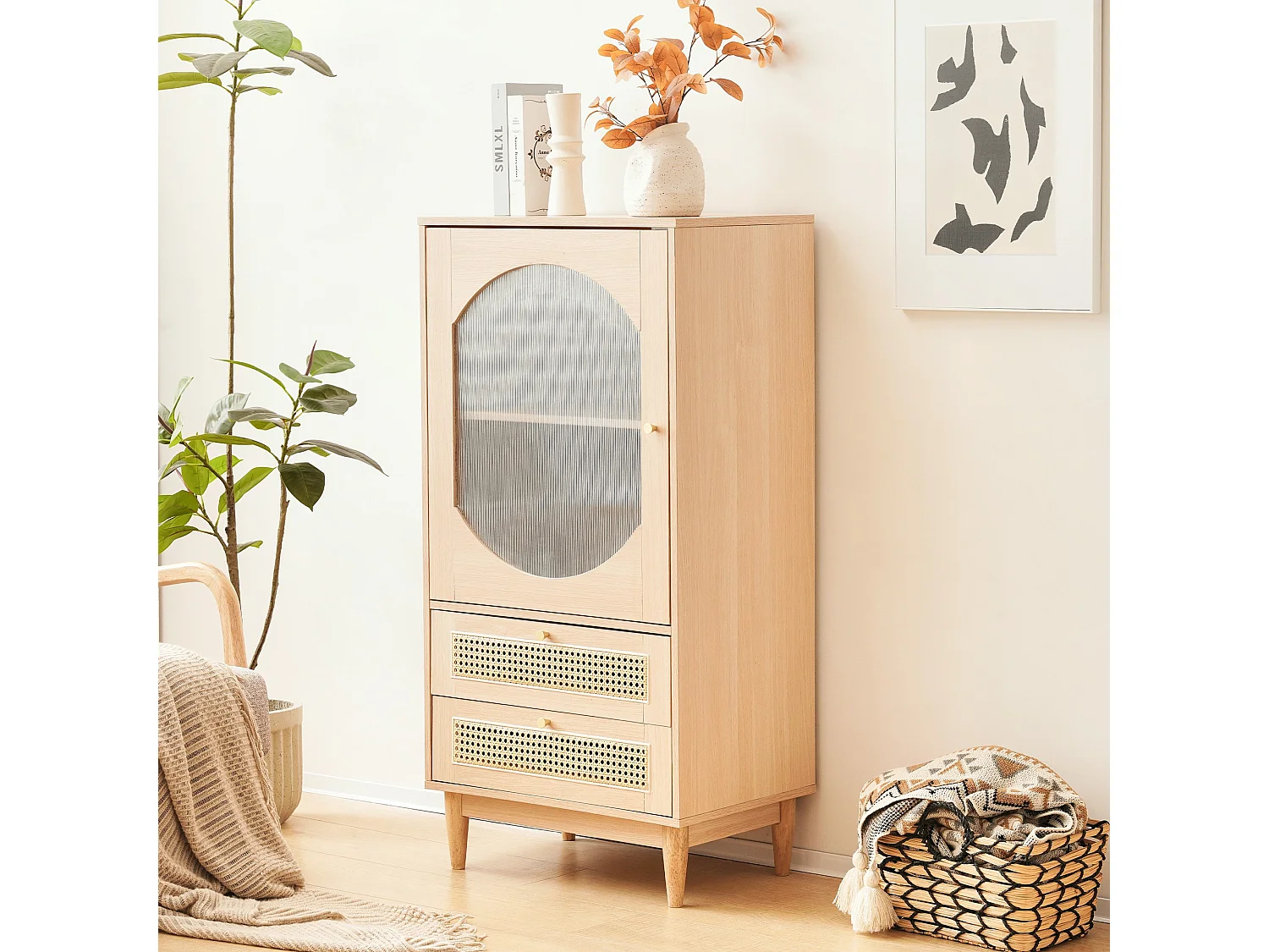 1 porte en acrylique transparent, 2 tiroirs, couleur faux chêne, meuble de rangement, meuble haut