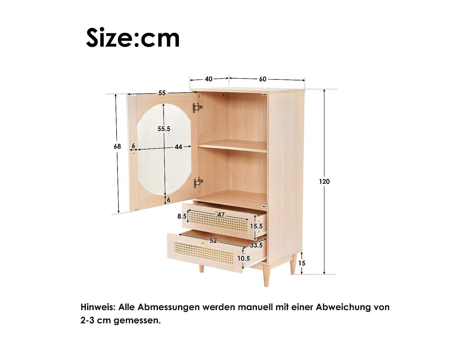 1 porte en acrylique transparent, 2 tiroirs, couleur faux chêne, meuble de rangement, meuble haut