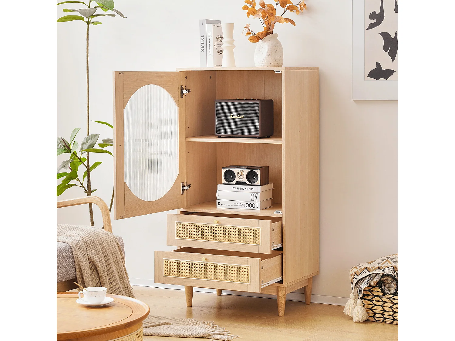1 porte en acrylique transparent, 2 tiroirs, couleur faux chêne, meuble de rangement, meuble haut