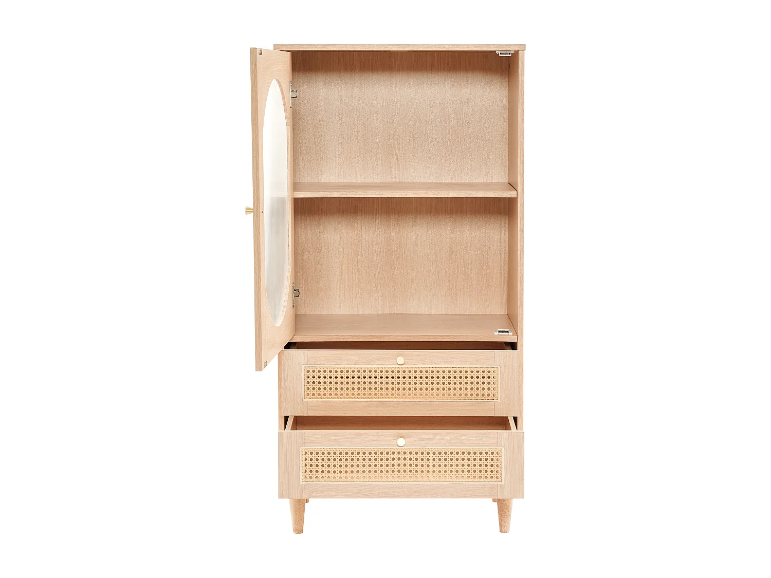 1 porte en acrylique transparent, 2 tiroirs, couleur faux chêne, meuble de rangement, meuble haut