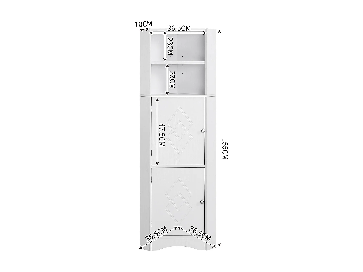 Vitrine, meuble d'angle avec deux compartiments, compartiment ouvert, 36,5 x 36,5 x 155 cm, blanc