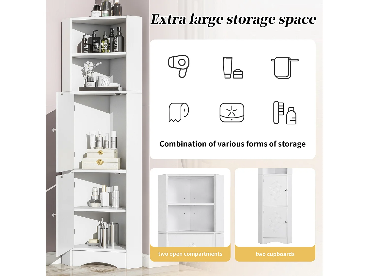 Vitrine, meuble d'angle avec deux compartiments, compartiment ouvert, 36,5 x 36,5 x 155 cm, blanc