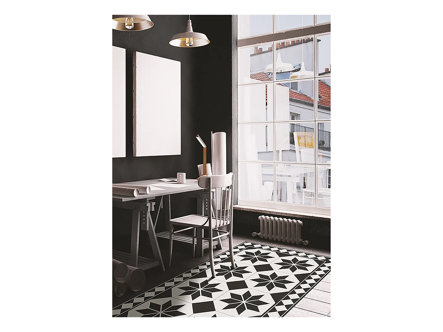 Tapis vinyle tendance Etoiles noires et blanches - 150 cm x 225 cm