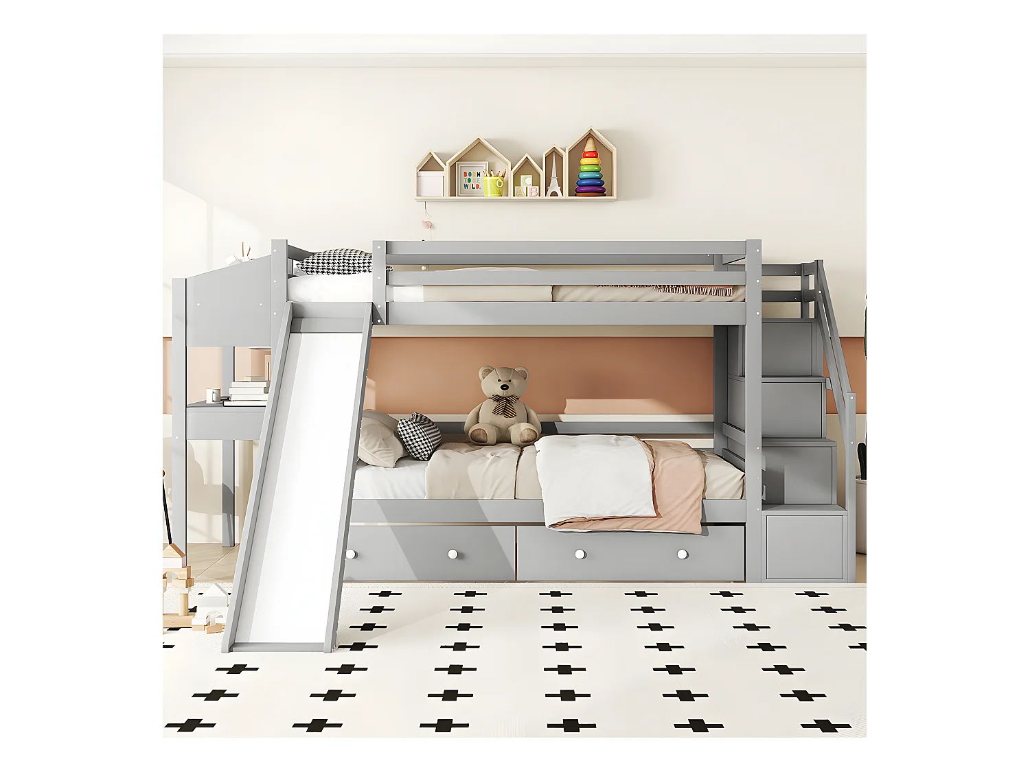 90 * 200 cm lit superposé en bois massif avec toboggan, table multifonctionnelle, étagère, multifonctionnel, gris