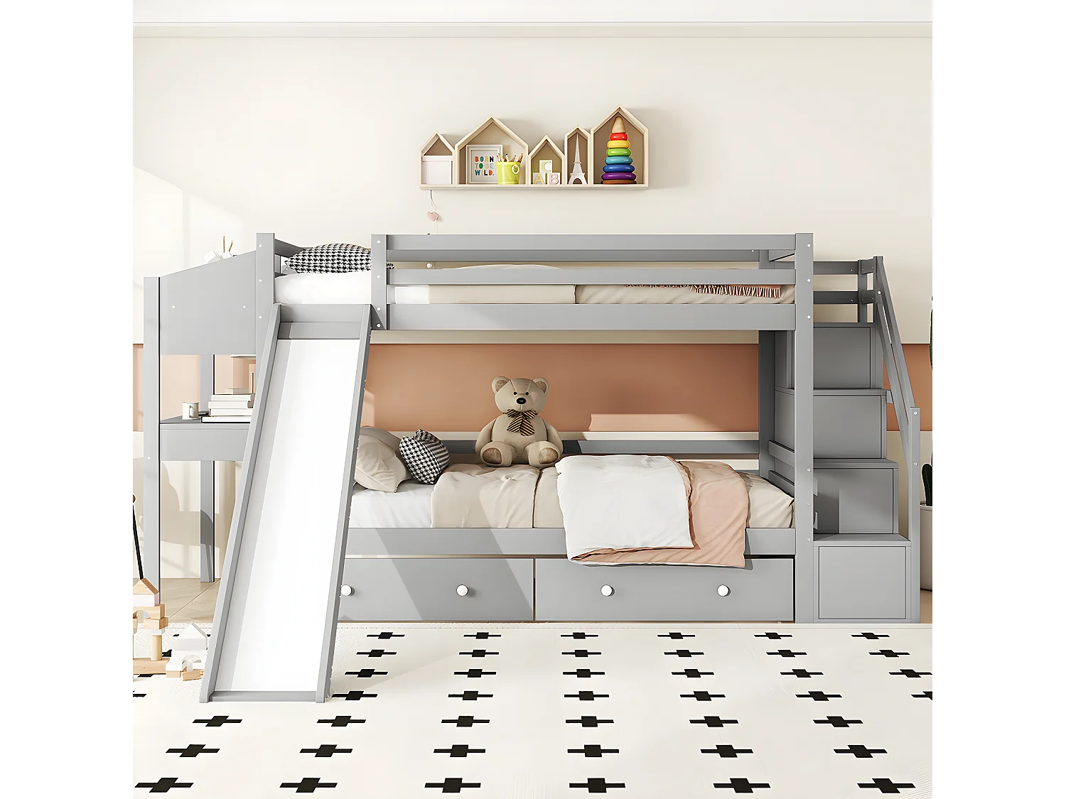 90 * 200 cm lit superposé en bois massif avec toboggan, table multifonctionnelle, étagère, multifonctionnel, gris