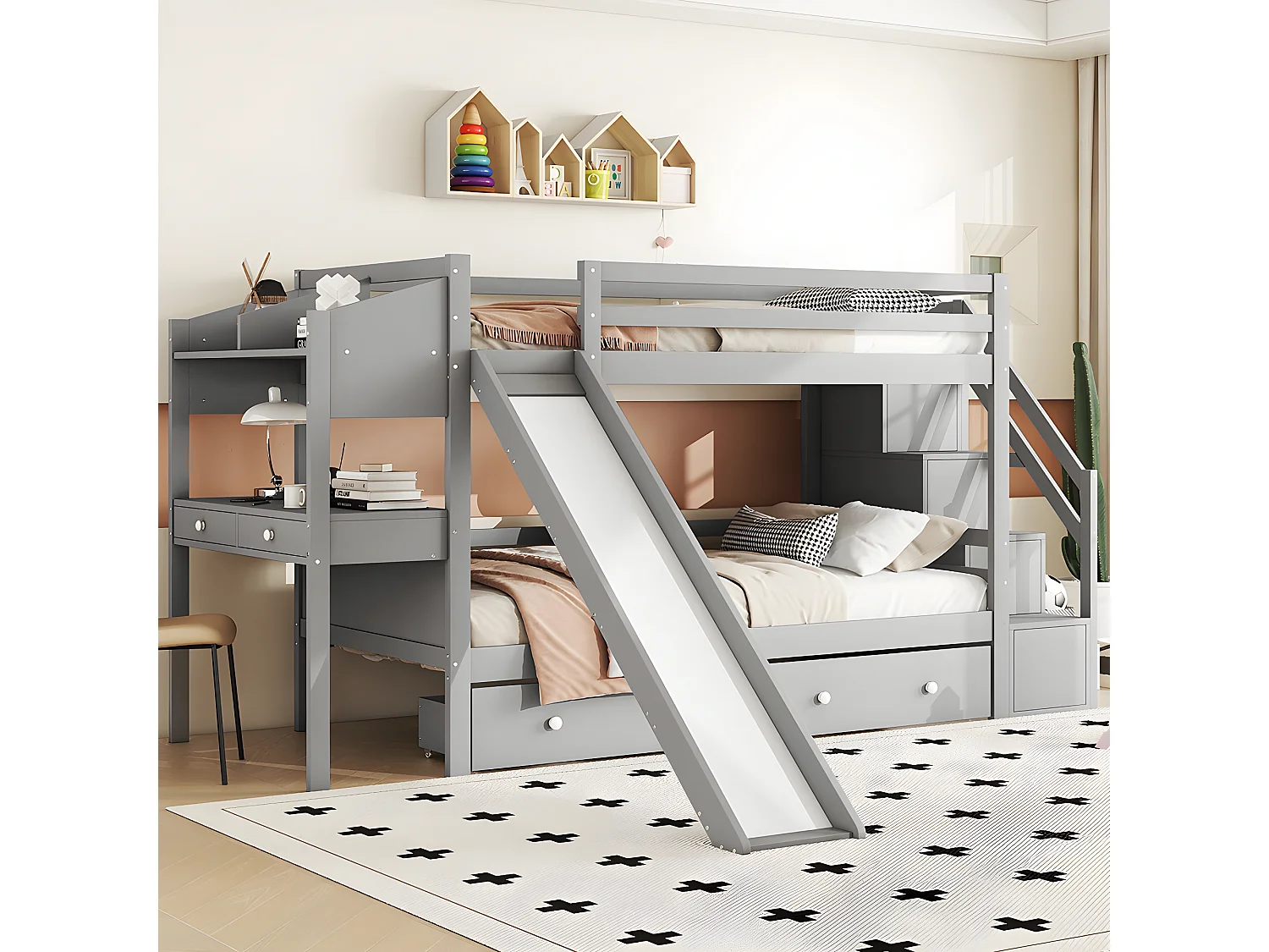 90 * 200 cm lit superposé en bois massif avec toboggan, table multifonctionnelle, étagère, multifonctionnel, gris