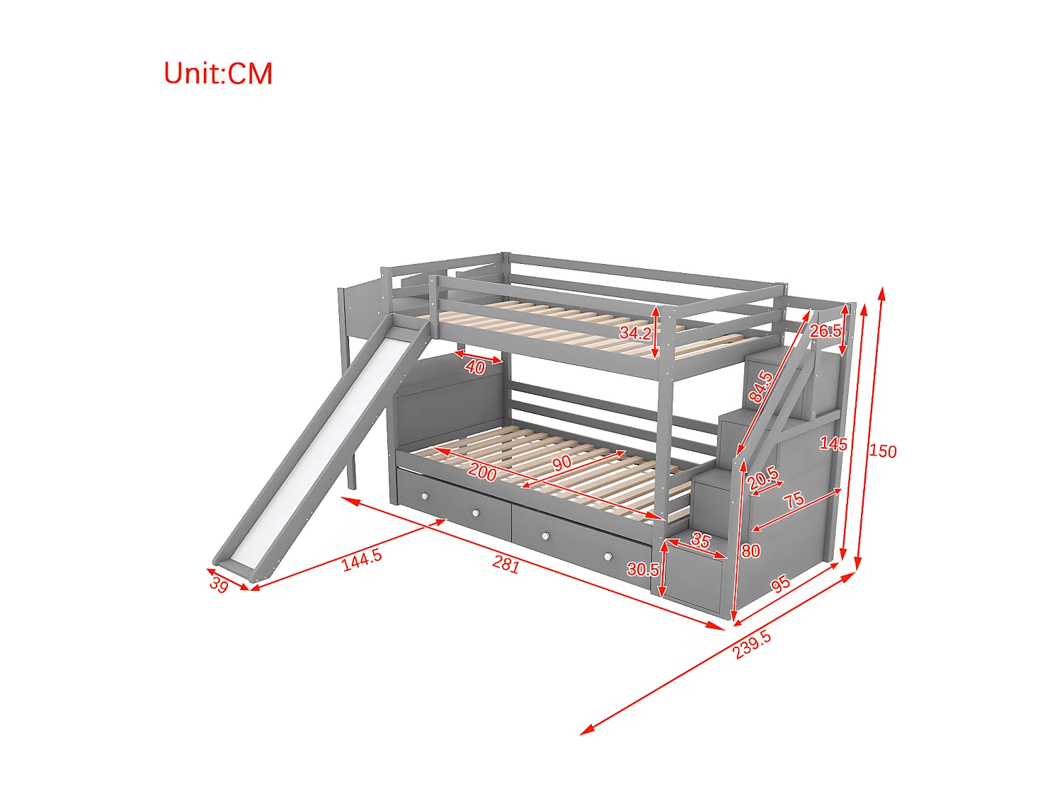 90 * 200 cm lit superposé en bois massif avec toboggan, table multifonctionnelle, étagère, multifonctionnel, gris