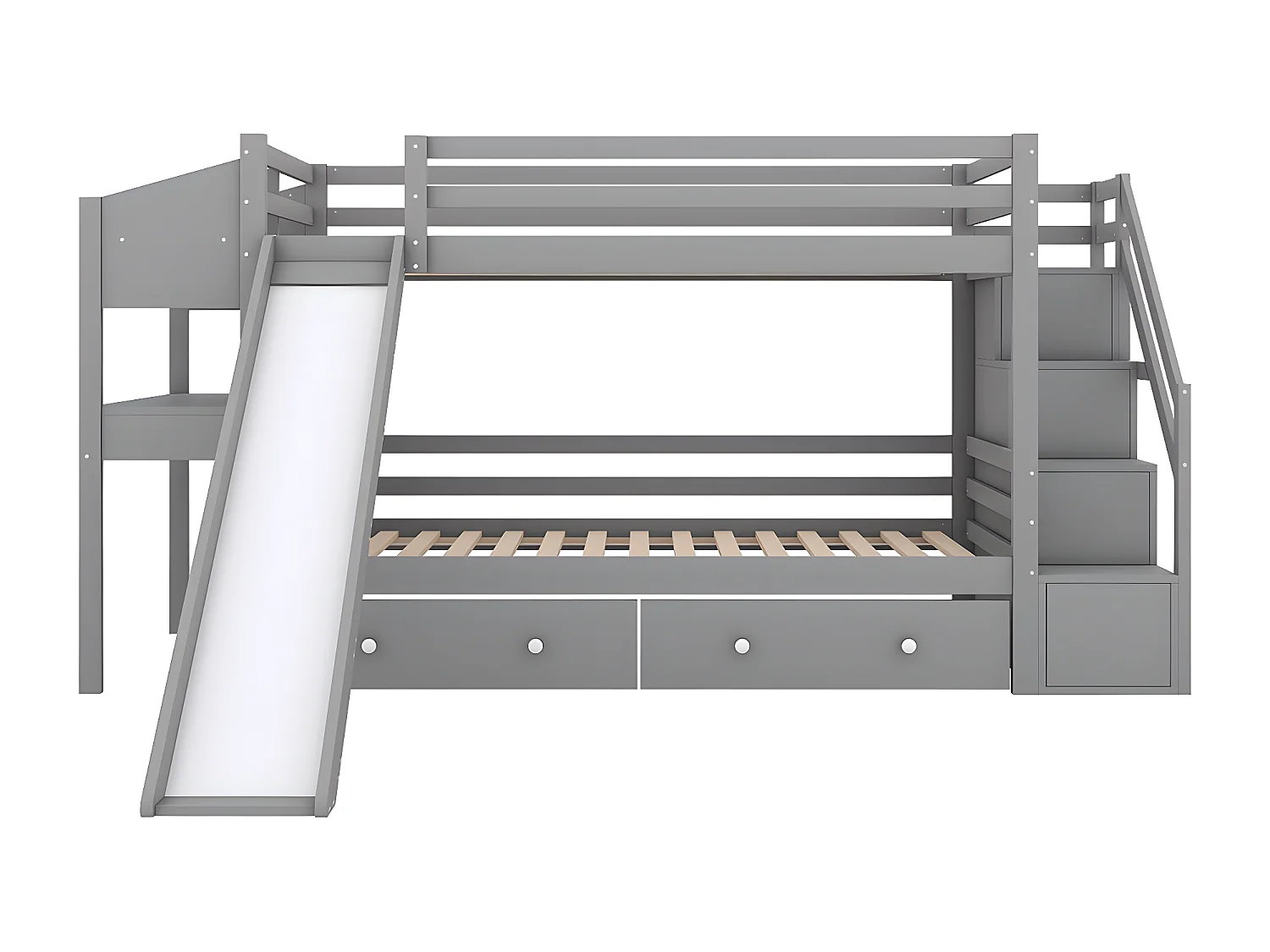 90 * 200 cm lit superposé en bois massif avec toboggan, table multifonctionnelle, étagère, multifonctionnel, gris