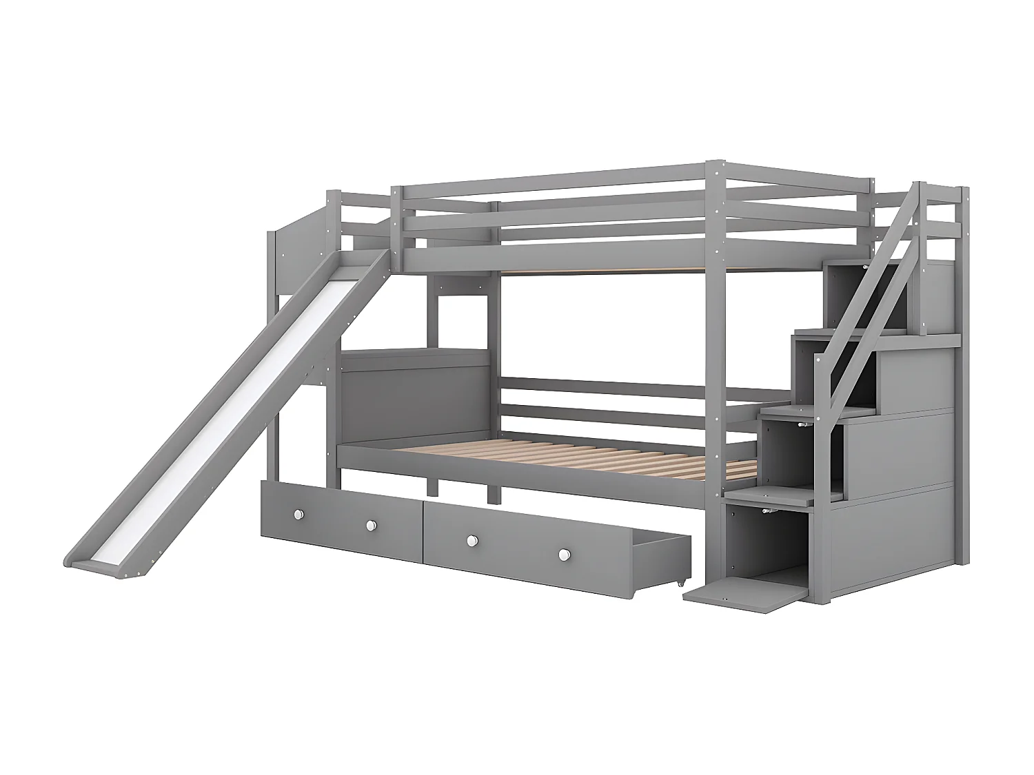 90 * 200 cm lit superposé en bois massif avec toboggan, table multifonctionnelle, étagère, multifonctionnel, gris