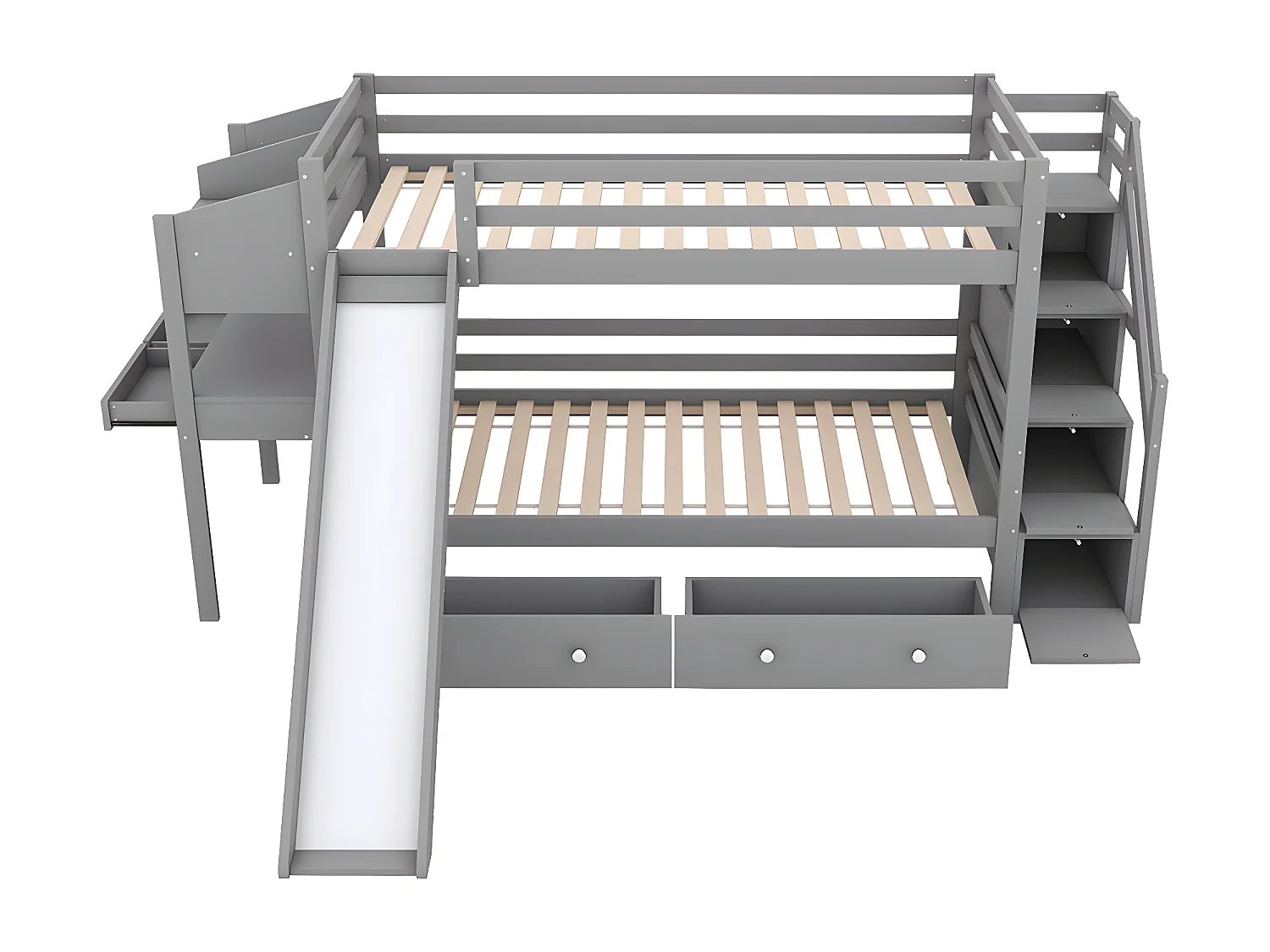 90 * 200 cm lit superposé en bois massif avec toboggan, table multifonctionnelle, étagère, multifonctionnel, gris