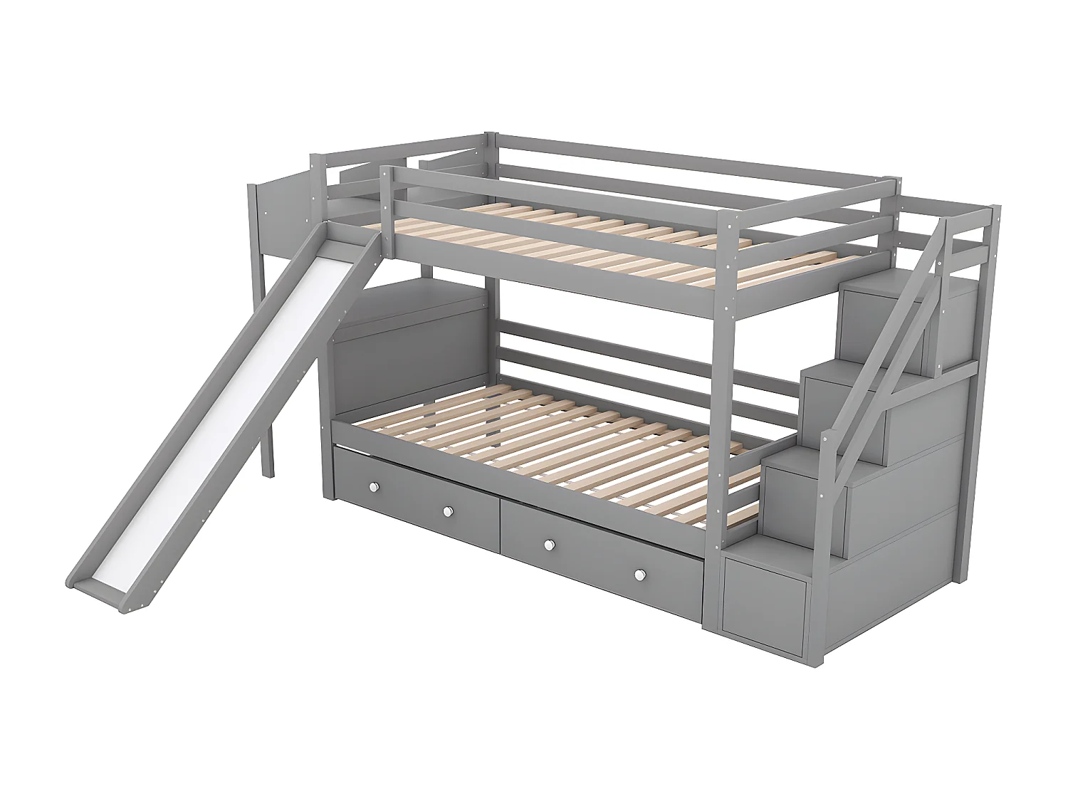 90 * 200 cm lit superposé en bois massif avec toboggan, table multifonctionnelle, étagère, multifonctionnel, gris