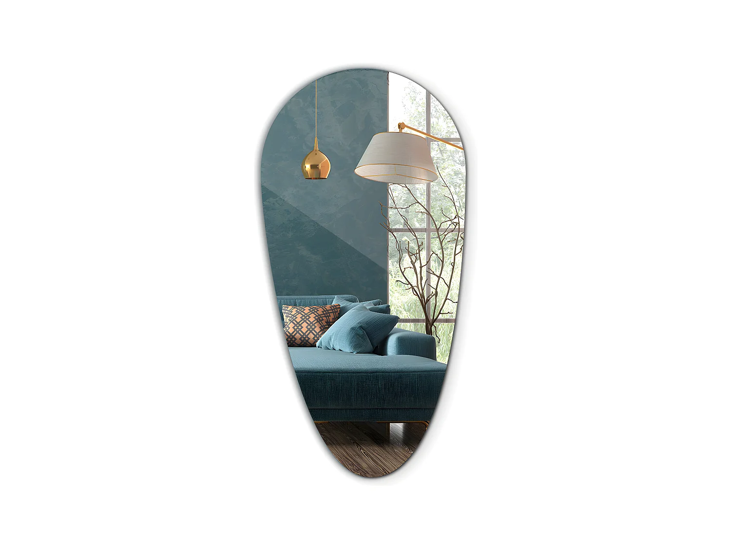 Miroir mural en forme de larme argenté pour le salon 35 cm x 70 cm