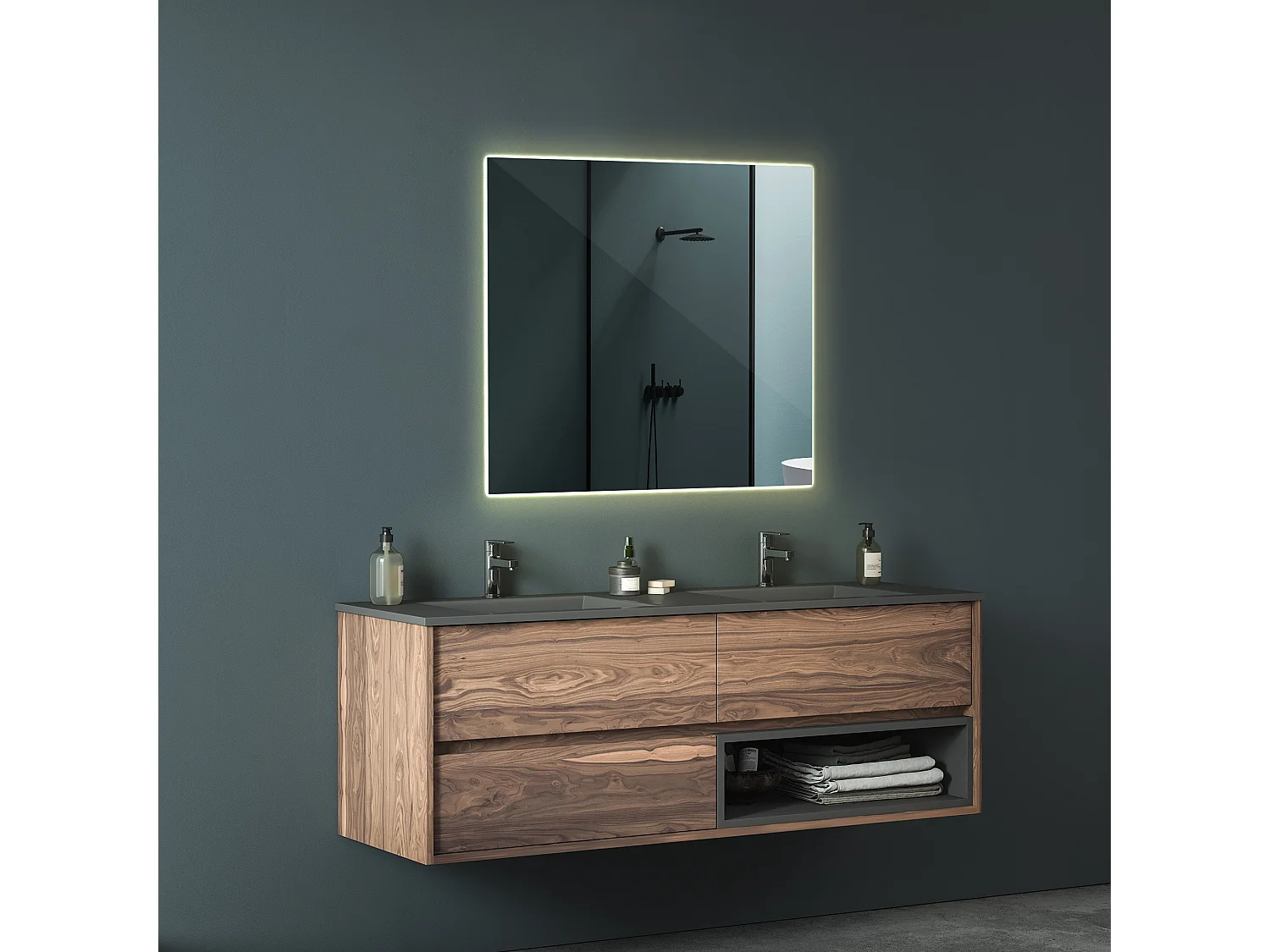 Moderner LED-Lichtspiegel für das Badezimmer 50 cm x 50 cm. Warmes Licht