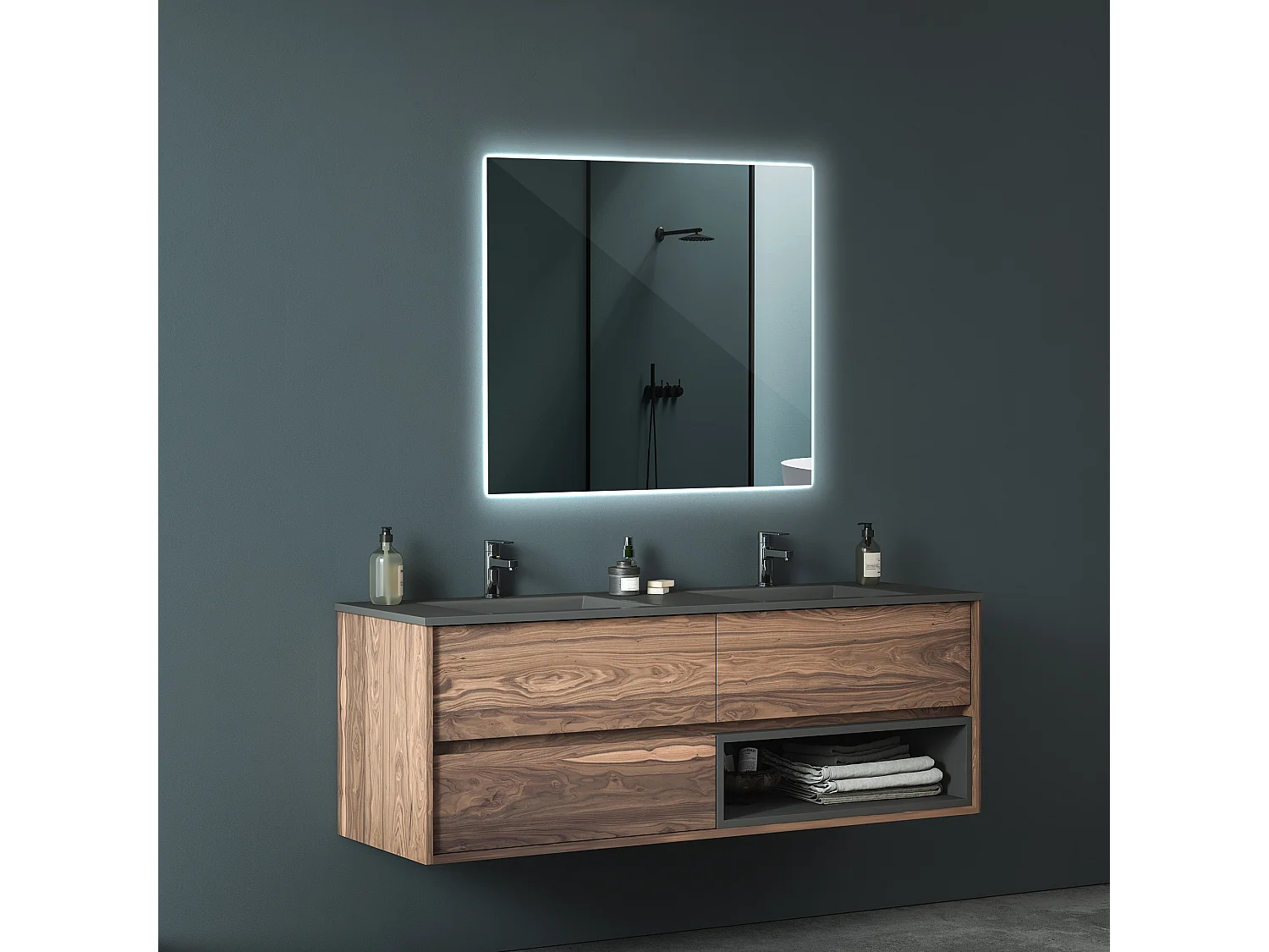 Miroir de salle de bain LED glamour éclairé 50 cm x 50 cm lumière froide