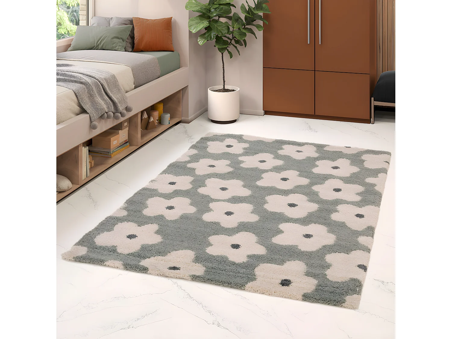 Flora - Tapis contemporain à motif floral -  Vert de gris - 120x170cm