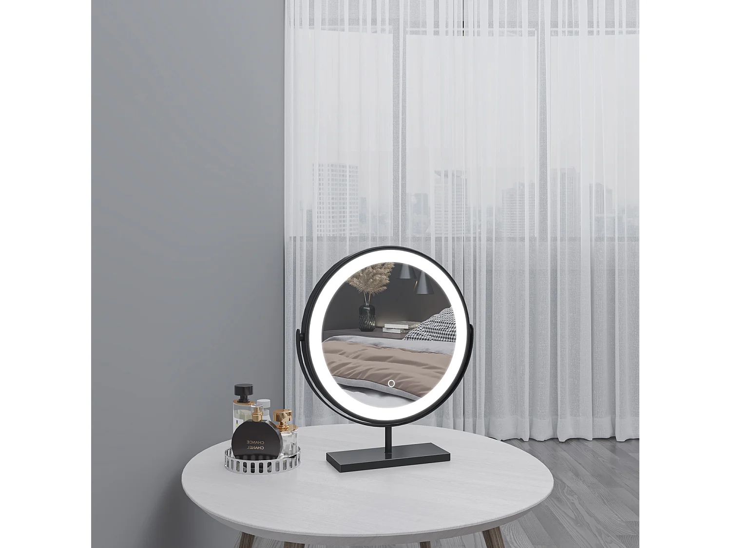 AICA Kosmetikspiegel mit LED-Beleuchtung ø42cm 3 Lichtfarbe+dimmbar Schwarz Tischspiegel Helligkeit-Memory