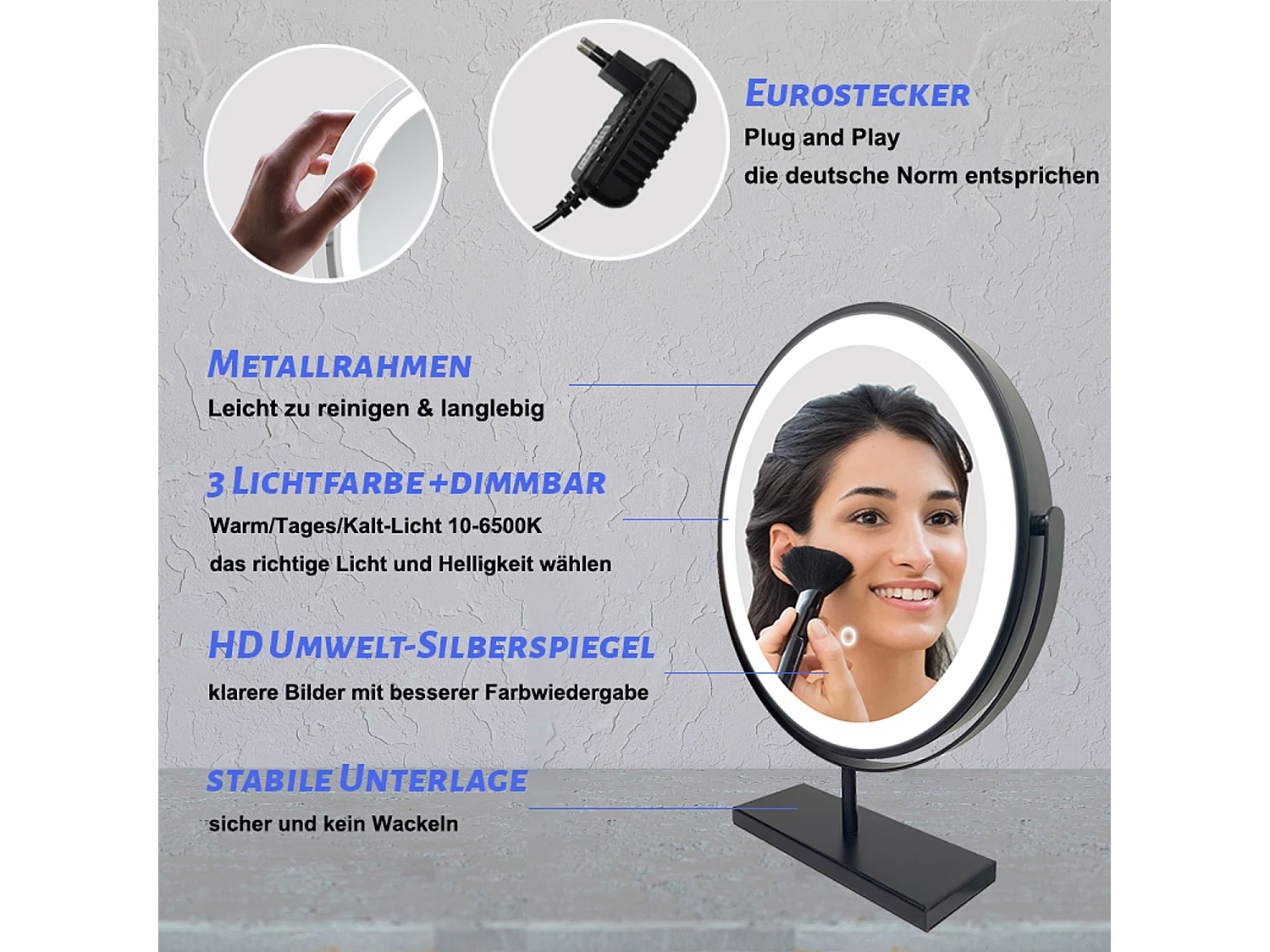 AICA Kosmetikspiegel mit LED-Beleuchtung ø42cm 3 Lichtfarbe+dimmbar Schwarz Tischspiegel Helligkeit-Memory